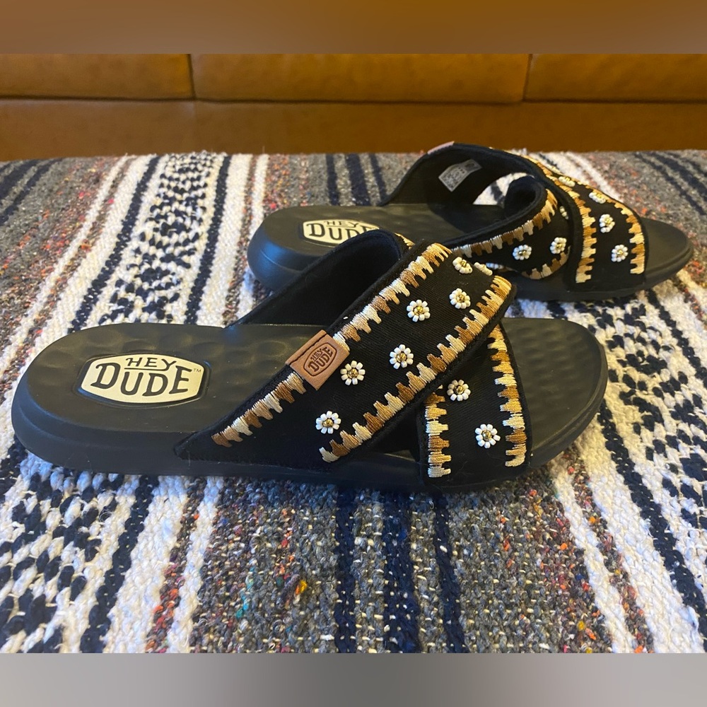 Hey Dude Black and Tan Floral Slides